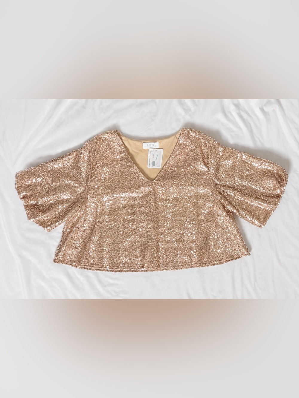 Peach Love California Rose Gold Sequin Puff Sleeve Crop Top
